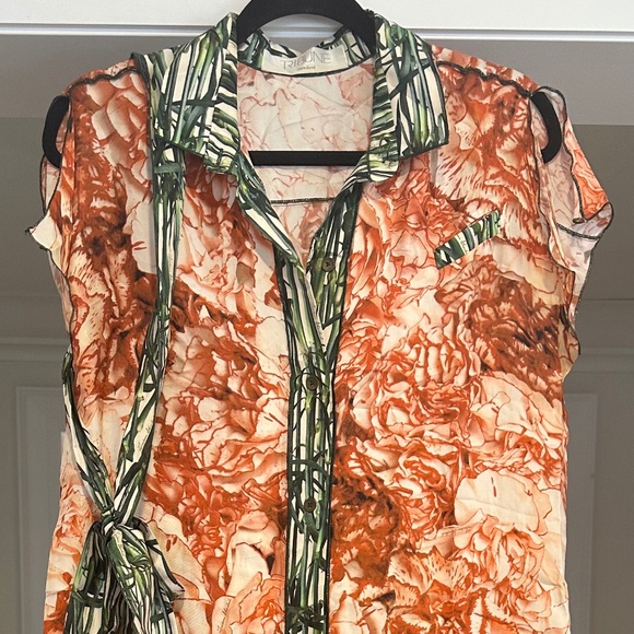 TRIBUNE STANDARD Orange and Green Botanical Sleeveless 100% Silk Dress - Size L. - Picture 7 of 16
